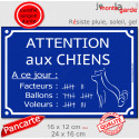 Plaque extérieure bleue "Attention aux Chiens, Nombre de Facteurs, Voleurs, Ballons..." 2 tailles FUN D