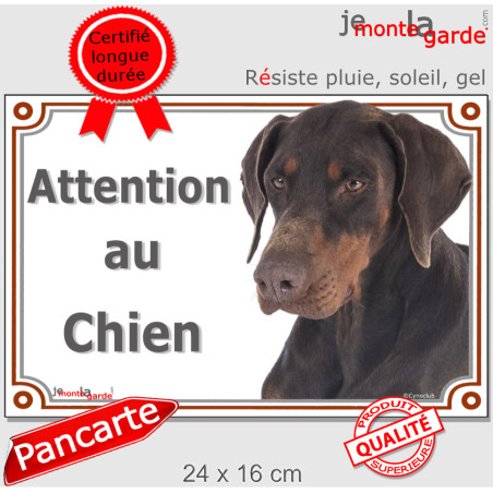 Dobermann marron chocolat et Feu Tête, Plaque portail photo "Attention au Chien" résiste pluie soleil gel, idée cadeau