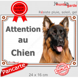 Berger Allemand noir et feu face noire poils longs, plaque portail extérieure "Attention au Chien" photo pancarte