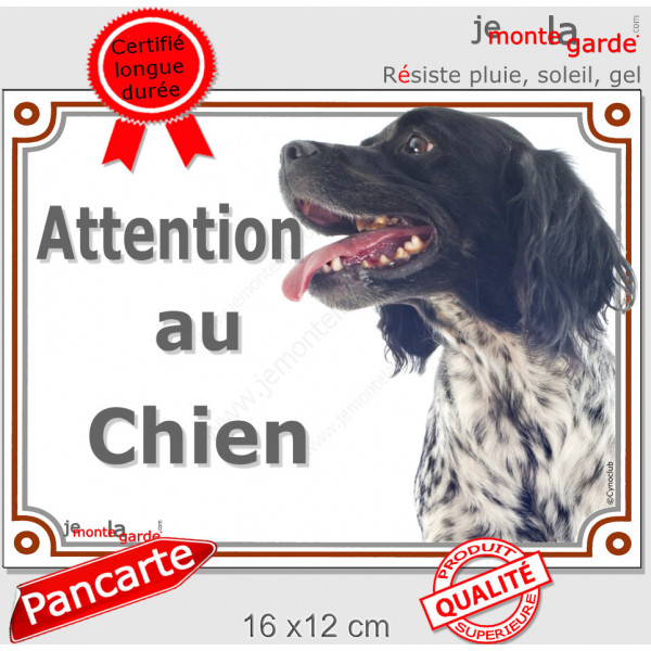 Epagneul Breton noir et blanc Tête, plaque portail "Attention au Chien" pancarte portail photo
