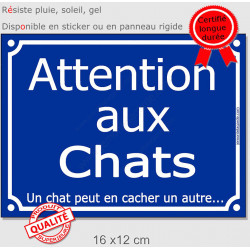 Plaque ou sticker portail bleu humour "Attention aux Chats", un chat peut en cacher un autre, 16 cm, pancarte pluriel