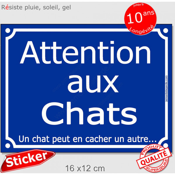 Plaque rigide portail bleu humour "Attention aux Chats", un chat peut en cacher un autre, 16 cm, pancarte pluriel
