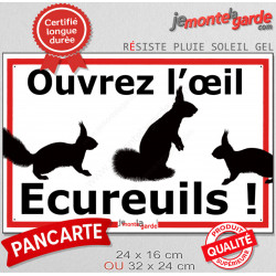 Plaque extérieure "Ouvrez l'oeil, Ecureuils !" faire ralentir voitures roule vite danger route panneau écrase Attention