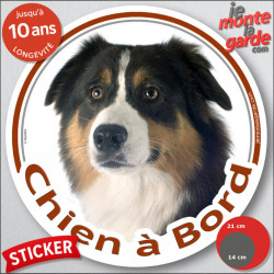 Berger Australien Tricolore Noir Tête , sticker rond "Chien à Bord" Disque autocollant adhésif photo voiture Aussie