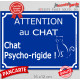 Plaque portail bleu humour "Attention au Chat Psycho-rigide", 16 cm, pancarte drôle panneau fou furieux