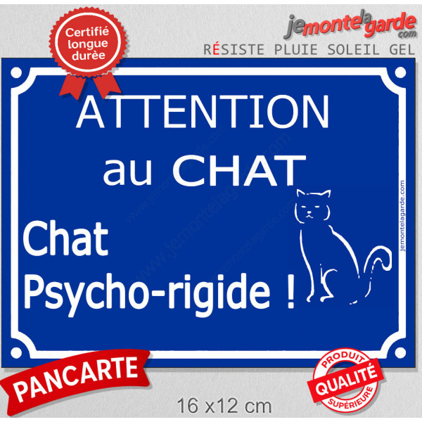 Plaque portail bleu humour "Attention au Chat Psycho-rigide", 16 cm, pancarte drôle panneau fou furieux