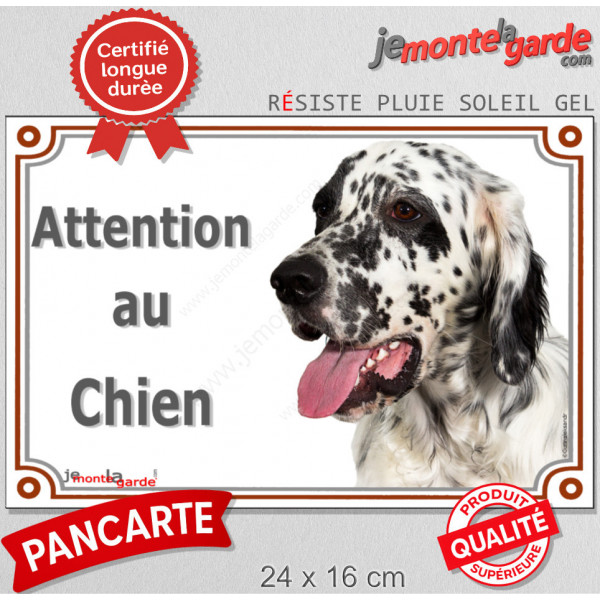 Setter Anglais noir et blanc Tête, plaque portail extérieur "Attention au Chien" pancarte porte, panneau rue entrée