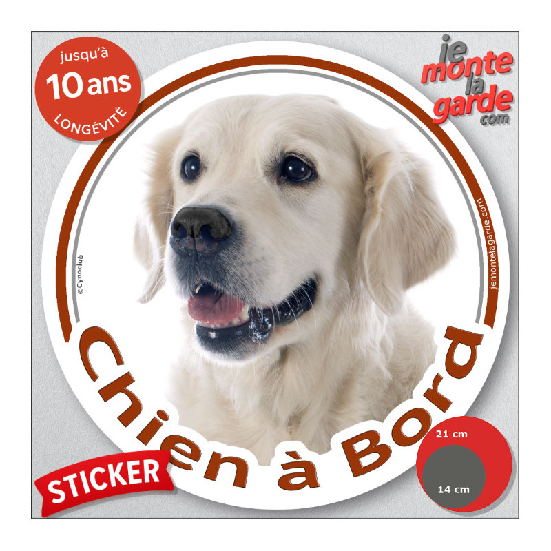 Golden Retriever, sticker autocollant rond "Chien à Bord" Disque adhésif vitre voiture beige clair photo, résiste pluie soleil g
