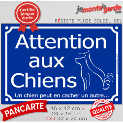 "Attention aux ChienS, Un chien peut en cacher un autre..." pancarte portail drôle bleue au pluriel affichera humour