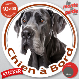 Dogue Allemand tout noir, sticker autocollant rond "Chien à Bord" Disque adhésif photo Danois race, résiste pluie soleil gel, id