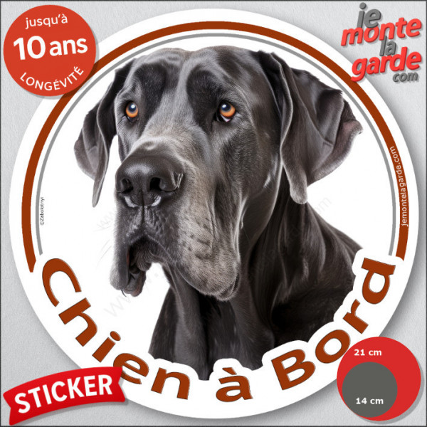 Dogue Allemand tout noir, sticker autocollant rond "Chien à Bord" Disque adhésif photo Danois race
