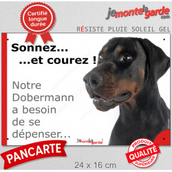 Dobermann noir, plaque humour "Sonnez et Courez, besoin exercice !" 24 cm RUN