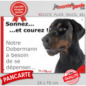 Dobermann noir, plaque humour "Sonnez et Courez, besoin exercice !" 24 cm RUN