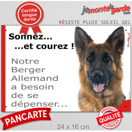 Plaque portail Attention au Chien humour "Sonnez et courez, notre Berger Allemand poils mi-longs a besoin de se dépenser" photo,