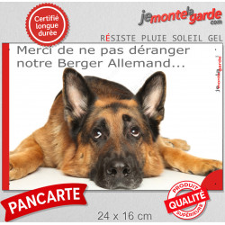 Plaque portail humour "Attention au Chien, Merci de ne pas déranger notre Berger Allemand poil court". Photo pancarte drôle