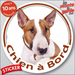 Bull Terrier fauve, sticker voiture rond "Chien à Bord" 14 cm