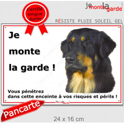 Hovawart noir et feu, plaque portail "Je Monte la Garde, risques périls" 24 cm ECO