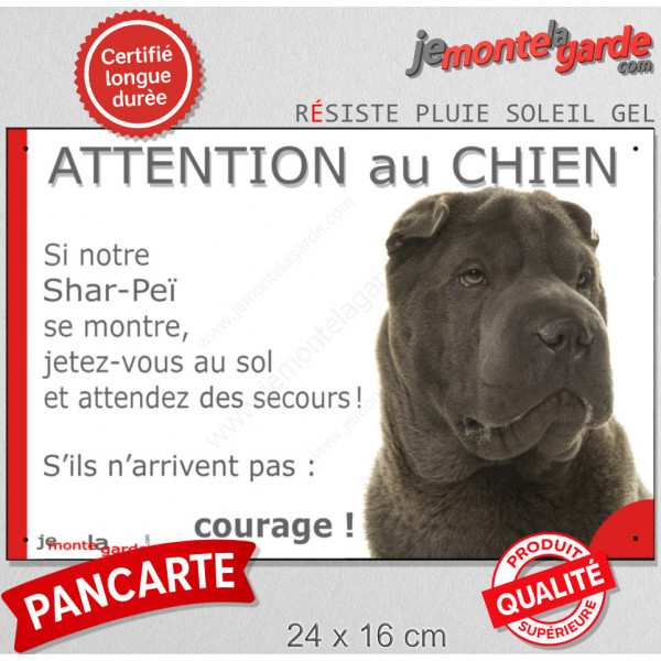 Shar-Peï marron chocolat, plaque humour "Attention au Chien, Jetez Vous au Sol, courage" pancarte panneau drôle sharpei photo