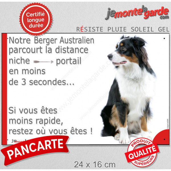Berger Australien Tricolore Noir Assis, Plaque Portail "distance niche-portail 3 secondes" pancarte humour photo drôle panneau
