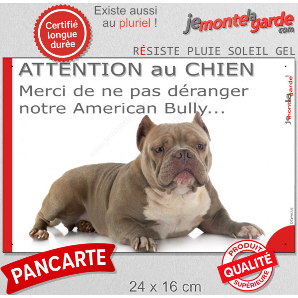 Plaque portail humour "Attention au Chien, Merci de ne pas déranger notre American Bully red nose" Panneau marrant pancarte drôl