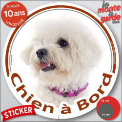 Bichon Frisé Tête, sticker autocollant rond "Chien à Bord" Disque adhésif voiture vitres photo