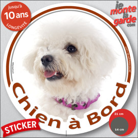 Bichon Frisé Tête, sticker autocollant rond "Chien à Bord" Disque adhésif voiture vitres photo, résiste pluie soleil gel, idée c