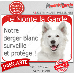 Berger Blanc Suisse Tête, Plaque portail Rouge "Je Monte la Garde, surveille protège" photo panneau attention au chien