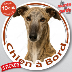 Lévrier Galgo bringé, sticker voiture rond "Chien à Bord" 24 cm