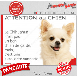 plaque portail humour "Attention au Chien, notre Chihuahua entièrement blanc à poils longs garde est une sonnette" photo