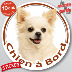 Chihuahua entièrement blanc poils longs, sticker autocollant rond "Chien à Bord" Disque photo adhésif vitre voiture