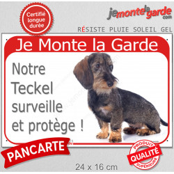 Teckel Poils Durs Assis, Plaque Portail rouge "Je Monte la Garde, surveille protège" pancarte, affiche panneau photo