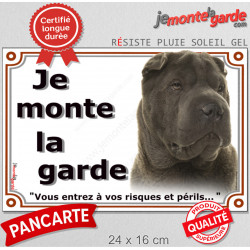 Shar-Peï marron chocolat, plaque portail "Je Monte la Garde, risques périls" bringué marron pancarte panneau photo Sharpei brun