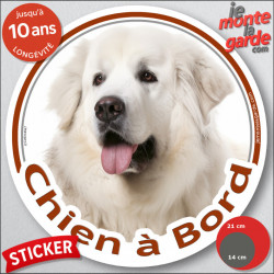 Montagne des Pyrénées entièrement blanc, disque photo autocollant "Chien à Bord" Sticker adhésif rond vitre voiture patou