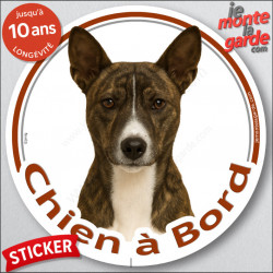Basenji bringé, disque autocollant voiture "Chien à Bord" Rond photo vitre adhésif Bassenji bringue rayé