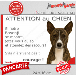 Basenji bringé, pancarte portail humour "Attention au Chien, Jetez Vous au Sol, attendez secours, courage" photo bassenji zébré