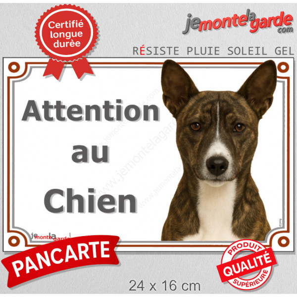 Basenji bringé, plaque portail extérieure "Attention au Chien" pancarte panneau photo bassenji rayé zébré