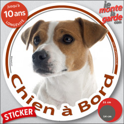 Jack Russell Terrier blanc et fauve marron Tête, sticker autocollant rond "Chien à Bord" adhésif vitre voiture photo