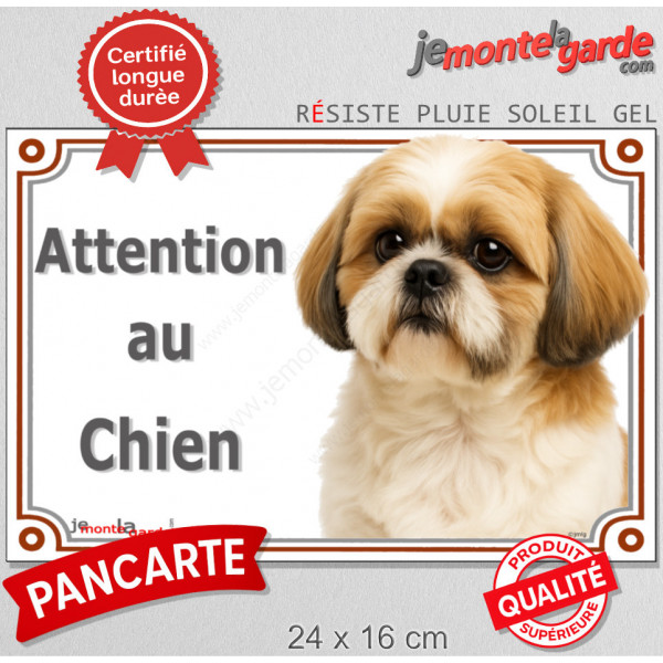 Shih-Tzu or gold et blanc Tête, plaque portail "Attention au Chien" pancarte panneau photo affiche shitsu fauve
