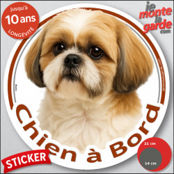 Shih-Tzu or gold et blanc, sticker autocollant rond "Chien à Bord" disque adhésif vitre voiture photo Shitsu