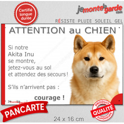 Akita Inu Japonais fauve rouge, plaque portail humour "Attention au Chien, Jetez Vous au Sol, attendez secours, courage" photo