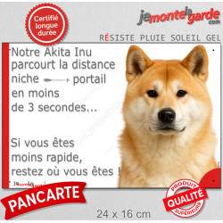 Akita Inu Japonais fauve rouge, plaque humour "parcourt distance Niche - Portail 3 secondes" photo drôle attention Chien
