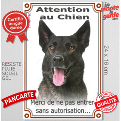 Berger Hollandais bringé poils courts, plaque portail verticale "Attention au Chien, pas sans autorisation" pancarte photo