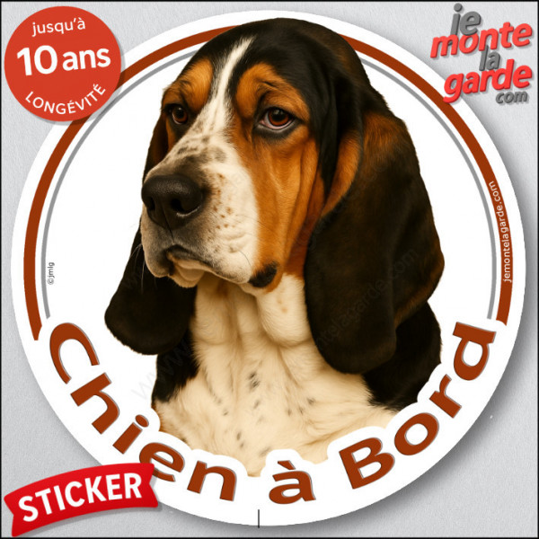 Basset Hound tricolore Tête, sticker rond "Chien à Bord" Disque photo autocollant Hund voiture