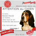 Basset Hound tricolore, plaque extérieure humour "Attention au Chien, Jetez Vous au Sol" 24 cm JET