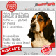 Basset Hound tricolore, plaque humour "parcourt distance Niche-Portail moins 3 secondes, rapide" pancarte photo attention chien