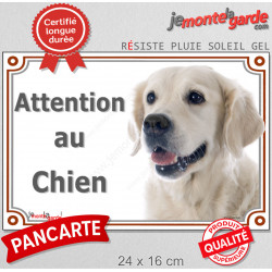 Golden Retriever tête, plaque portail "Attention au Chien" pancarte photo entrée, panneau rue race porte sable blanc clair