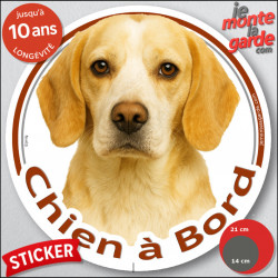 Beagle lemon jaune citron et blanc, sticker autocollant voiture rond "Chien à Bord" disque photo rond adhésif résistant
