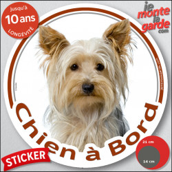 Yorkshire Terrier, sticker autocollant rond "Chien à Bord" disque photo York adhésif vitre voiture York