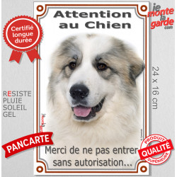 Montagne des Pyrénées avec taches, plaque portail verticale "Attention au Chien, interdit sans autorisation" pancarte photo