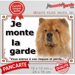 Chow-Chow fauve orange Tête, plaque portail extérieure "Je Monte la Garde, risques et périls" pancarte photo attention au chien